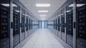 A Data Centre With Rows Of Server Racks And Network