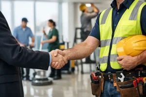 Facilities manager coordinating requests as part of outsourcing commercial maintenance services